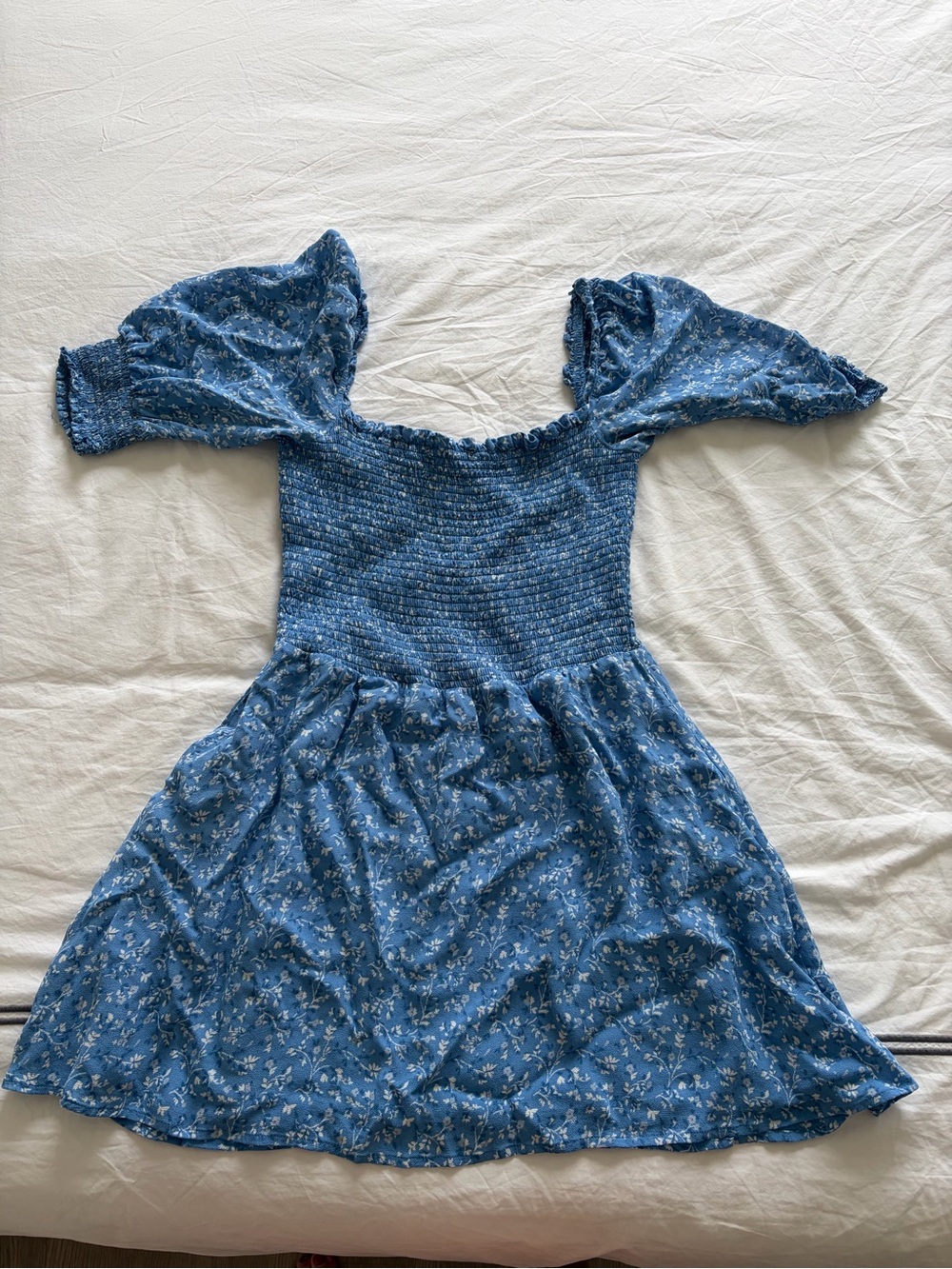Reformation Blue Floral Smocked Puff-Sleeve Dress